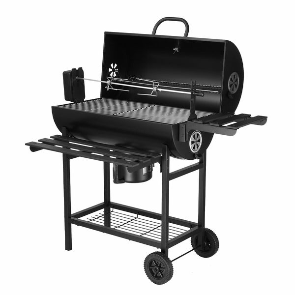 Charcoal BBQ Grill Trolley Barbecue Stand Table Portable Outdoor Camping Cooking Smoker Rolling Cart with Chicken Rack Storage Shelves