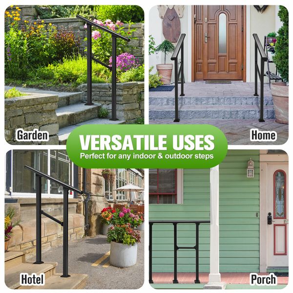 Stair Handrail Railings 1 to 2 Steps Black Metal Adjustable Safety Guard Hand Rails Kit for Outdoor Staircases Decks Porches