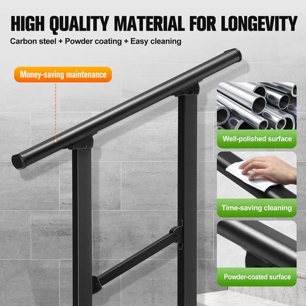 Stair Handrail Railings 1 to 2 Steps Black Metal Adjustable Safety Guard Hand Rails Kit for Outdoor Staircases Decks Porches