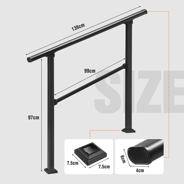 Stair Handrail Railings 4 to 5 Steps Metal Adjustable Black Safety Guard Hand Rails Kit for Outdoor Staircases Porches Decks