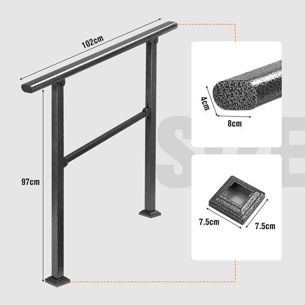 Stair Handrail Railings 2 to 3 Steps Black Metal Adjustable Safety Guard Hand Rails Kit for Outdoor Staircases Decks Porches