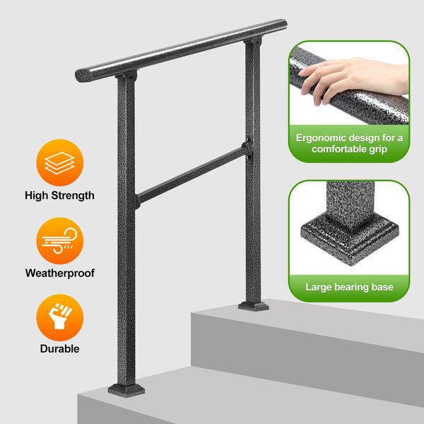 Stair Handrail Railings 2 to 3 Steps Black Metal Adjustable Safety Guard Hand Rails Kit for Outdoor Staircases Decks Porches