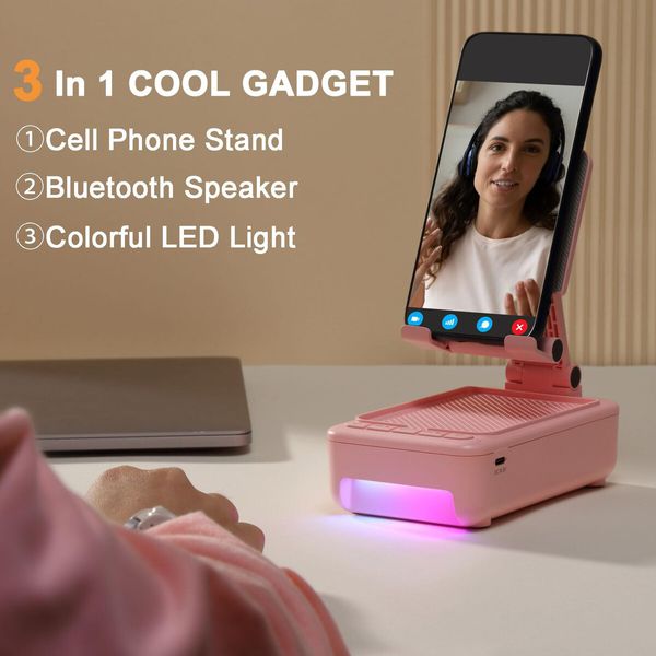 Cell Phone Stand with Bluetooth Speaker and Led Color Changing Light,Unique Gifts for Women Dad Her Husband,Birthday Gifts for Men (Pink)