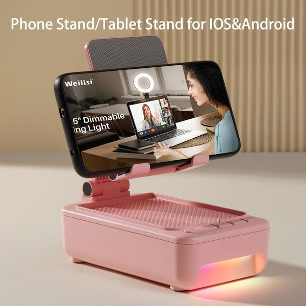 Cell Phone Stand with Bluetooth Speaker and Led Color Changing Light,Unique Gifts for Women Dad Her Husband,Birthday Gifts for Men (Pink)