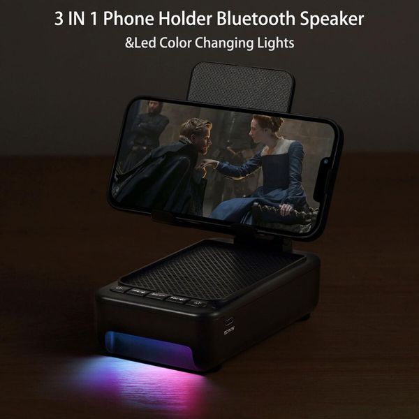 Cell Phone Stand with Bluetooth Speaker and Led Color Changing Light,Unique Gifts for Women Dad Her Husband,Birthday Gifts for Men (Black)