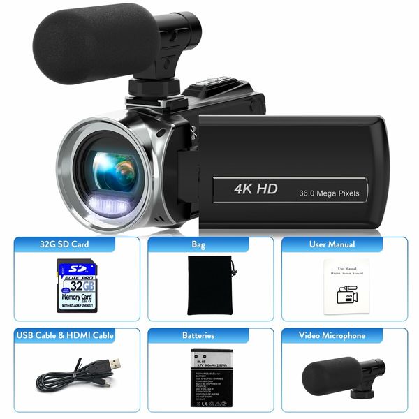 Video Camera Camcorder HD 4K 48MP Video Recorder Camera Vlogging Camera 3.0In LCD Screen 18X Digital Zoom and 32G SD Card