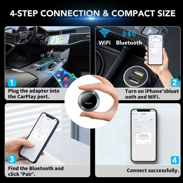 Wireless CarPlay Adapter,Newest Chip,Plug and Play,No Latency CarPlay Dongle Fast,Wired to Wireless for iPhone iOS 10+