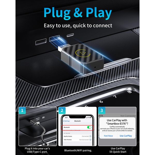 Mini Wireless CarPlay Adapter,Plug & Play Low Latency Converts Wired to Wireless CarPlay Dongle for iPhone iOS 10+,Connection Fast & Stable