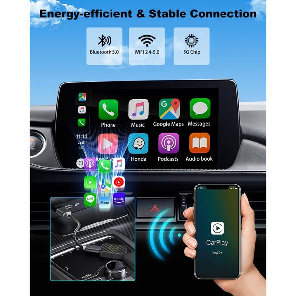 Mini Wireless CarPlay Adapter,Plug & Play Low Latency Converts Wired to Wireless CarPlay Dongle for iPhone iOS 10+,Connection Fast & Stable