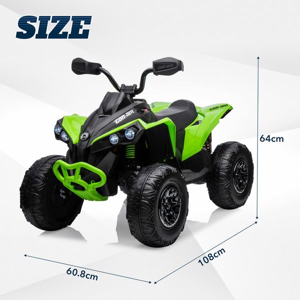 Can-Am Licensed Ride On Car 12V Electric ATV Quad Bike 4 Wheeler 2 Motor Motorised Vehicle Toy with LED MP3 Bluetooth Rechargeable Battery Story Green