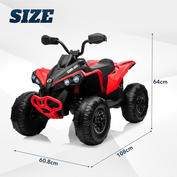 Can-Am Licensed Ride On Car 12V Electric ATV Quad Bike 4 Wheeler 2 Motor Motorised Vehicle Toy with LED MP3 Bluetooth Story Rechargeable Battery Red