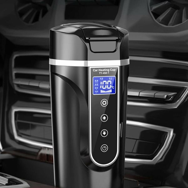 Car Electric Kettle 450ml 12 24V Car Heating Cup Car Stainless Steel LCD Temperature Display Travel Electric Coffee Cup for Tea Coffee Milk