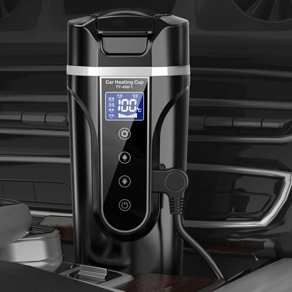 Car Electric Kettle 450ml 12 24V Car Heating Cup Car Stainless Steel LCD Temperature Display Travel Electric Coffee Cup for Tea Coffee Milk