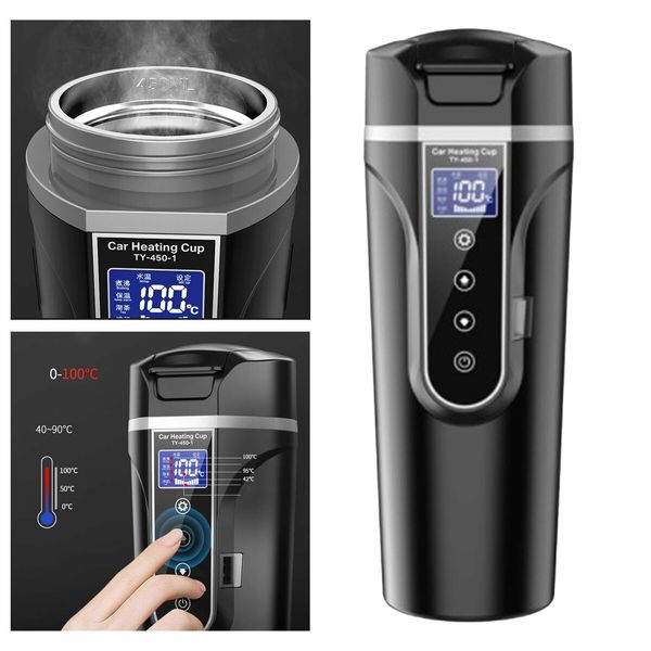 Car Electric Kettle 450ml 12 24V Car Heating Cup Car Stainless Steel LCD Temperature Display Travel Electric Coffee Cup for Tea Coffee Milk