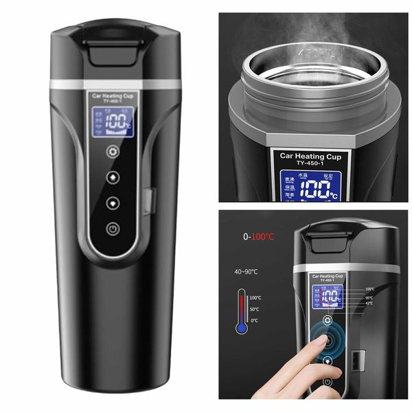 Car Electric Kettle 450ml 12 24V Car Heating Cup Car Stainless Steel LCD Temperature Display Travel Electric Coffee Cup for Tea Coffee Milk