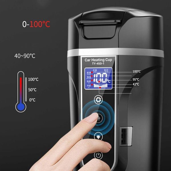 Car Electric Kettle 450ml 12 24V Car Heating Cup Car Stainless Steel LCD Temperature Display Travel Electric Coffee Cup for Tea Coffee Milk