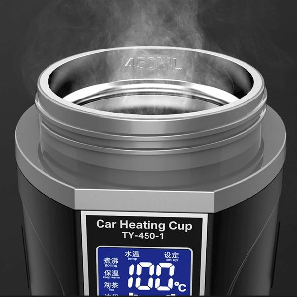 Car Electric Kettle 450ml 12 24V Car Heating Cup Car Stainless Steel LCD Temperature Display Travel Electric Coffee Cup for Tea Coffee Milk