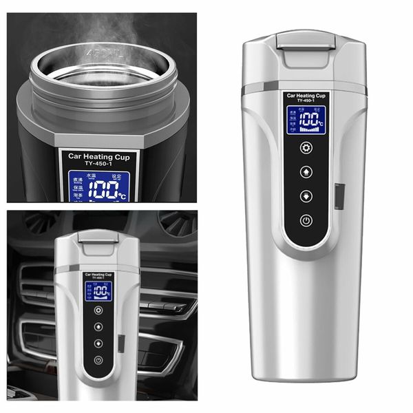 Car Electric Kettle 450ml 12 24V Car Heating Cup Car Stainless Steel LCD Temperature Display Travel Electric Coffee Cup for Tea Coffee Milk