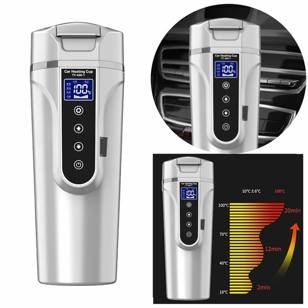 Car Electric Kettle 450ml 12 24V Car Heating Cup Car Stainless Steel LCD Temperature Display Travel Electric Coffee Cup for Tea Coffee Milk