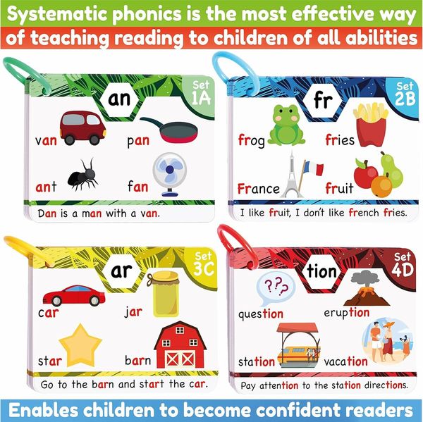 Phonics Flash Cards, Learn to Read in 20 Stages, Digraphs CVC Blends Long Vowel Sounds, Games for Kids Ages 4 to 8 Kindergarten