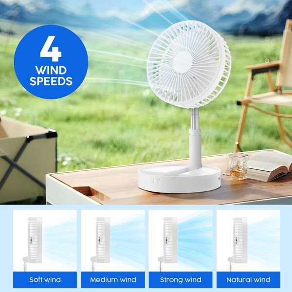 Portable Foldable Desk Fan Pedestal Floor Stand Table Air Cooler USB Power Bank 3600mAh Rechargeable Battery 4 Speeds for Summer Cooling Camping