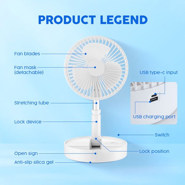 Portable Foldable Desk Fan Pedestal Floor Stand Table Air Cooler USB Power Bank 3600mAh Rechargeable Battery 4 Speeds for Summer Cooling Camping