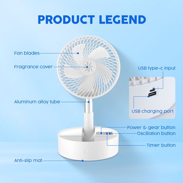 Foldable Oscillating Fan USB Desk Table Floor Stand Air Cooler Circulator 4000mAh Portable Power Bank Rechargeable Battery Pedestal Cooling Bedroom Camping