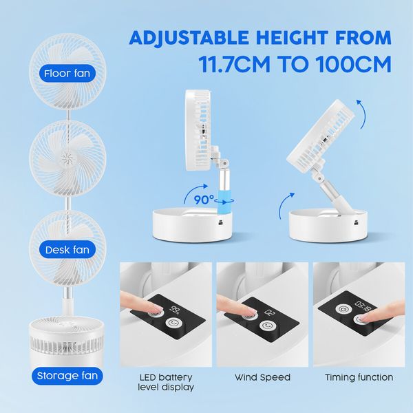 Foldable Oscillating Fan USB Desk Table Floor Stand Air Cooler Circulator 4000mAh Portable Power Bank Rechargeable Battery Pedestal Cooling Bedroom Camping