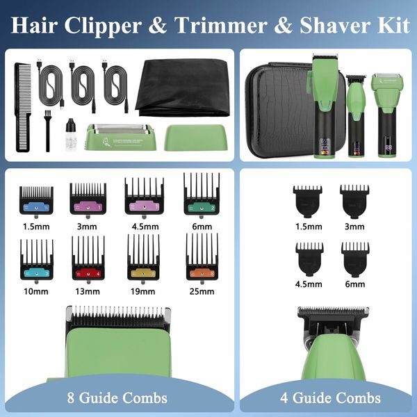 Professional Hair Clippers for Men, Barber Clippers and Trimmer Set with Cordless Electric Razor and LCD Display(Green)