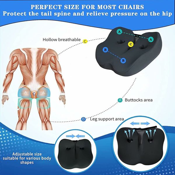 Seat Cushion for Back Relief, Tailbone, Hip, Hamstring, Memory Foam Comfort Ischial Tuberosity Pillow for Home, Office (Grey)