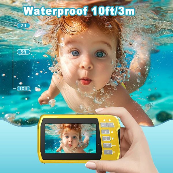 Underwater Camera,Waterproof Camera with 32GB Card,4K FHD 48MP Dual-Screen Selfie Digital Camera,10FT Waterproof Camera (Yellow)