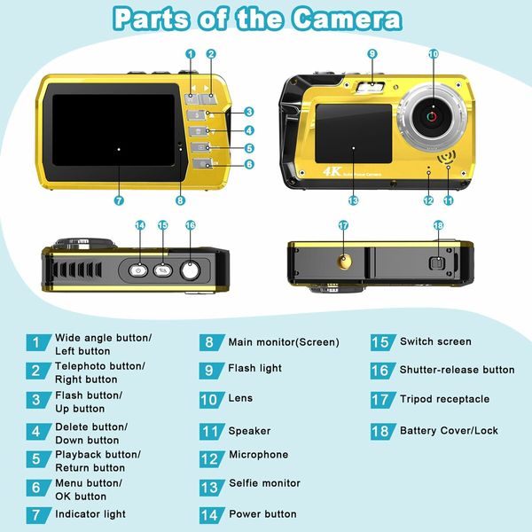 Underwater Camera,Waterproof Camera with 32GB Card,4K FHD 48MP Dual-Screen Selfie Digital Camera,10FT Waterproof Camera (Yellow)