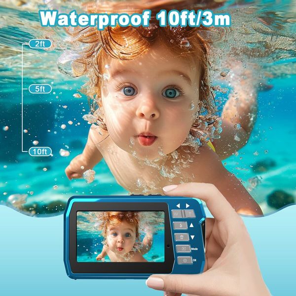 Underwater Camera,Waterproof Camera with 32GB Card,4K FHD 48MP Dual-Screen Selfie Digital Camera,10FT Waterproof Camera for Snorkeling,Surfing,Rafting (Blue)