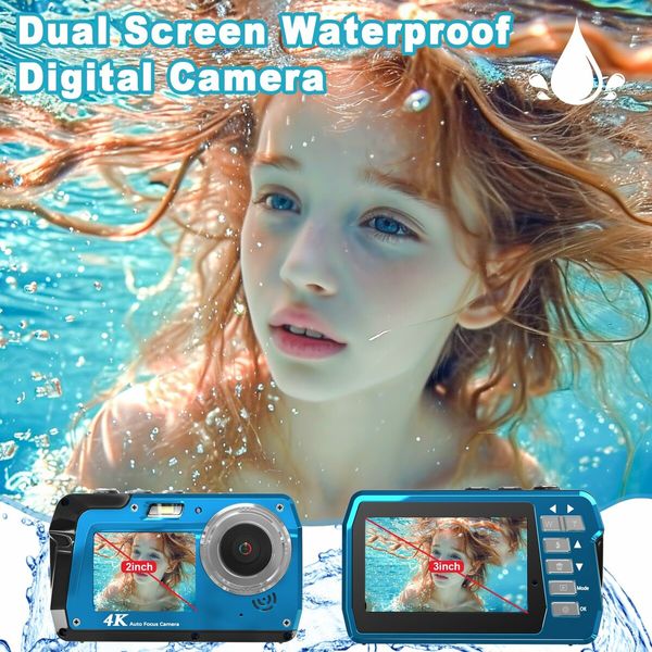 Underwater Camera,Waterproof Camera with 32GB Card,4K FHD 48MP Dual-Screen Selfie Digital Camera,10FT Waterproof Camera for Snorkeling,Surfing,Rafting (Blue)