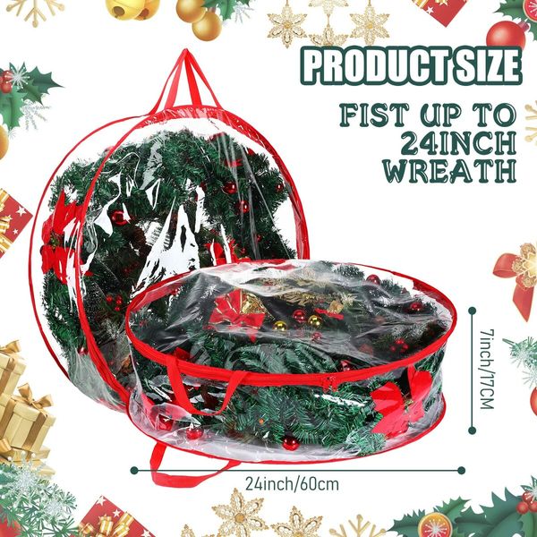 4 Pieces Clear Christmas Wreath Storage Container 24 Inches Xmas Wreath Storage Bag Plastic Christmas Garland Container with Dual Zippers and Reinforced Handles (Red)