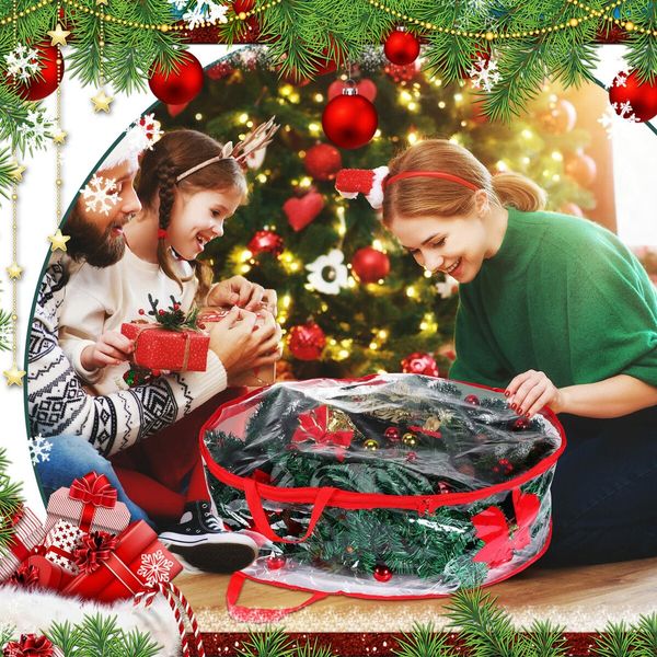 4 Pieces Clear Christmas Wreath Storage Container 24 Inches Xmas Wreath Storage Bag Plastic Christmas Garland Container with Dual Zippers and Reinforced Handles (Red)