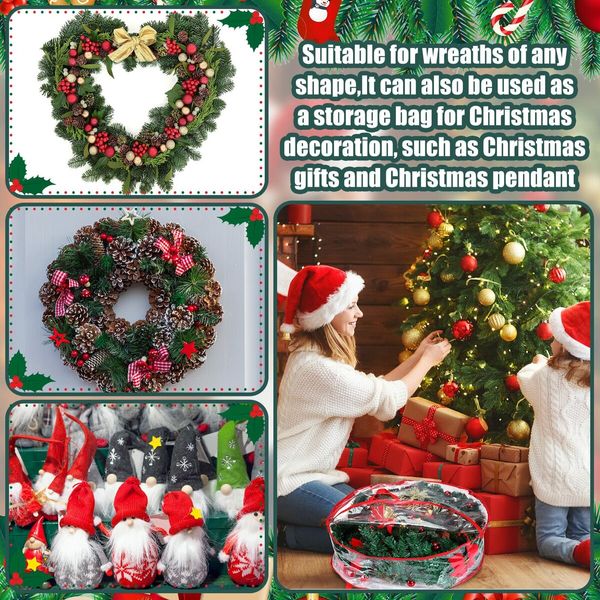 4 Pieces Clear Christmas Wreath Storage Container 24 Inches Xmas Wreath Storage Bag Plastic Christmas Garland Container with Dual Zippers and Reinforced Handles (Red)