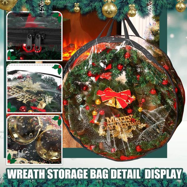 4 Pieces Clear Christmas Wreath Storage Container 24 Inches Xmas Wreath Storage Bag Plastic Christmas Garland Container with Dual Zippers and Reinforced Handles (Black)