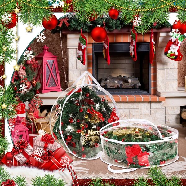 4 Pieces Clear Christmas Wreath Storage Container 24 Inches Xmas Wreath Storage Bag Plastic Christmas Garland Container with Dual Zippers and Reinforced Handles (Clear)