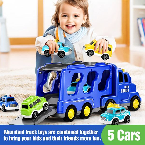 Cars Toys Carriers Trailer Transport Storage Truck Pull Back Steering Construction Bus Police Vehicle Model Friction Power with Light Sound Toddler Gift