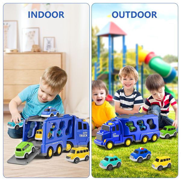 Cars Toys Carriers Trailer Transport Storage Truck Pull Back Steering Construction Bus Police Vehicle Model Friction Power with Light Sound Toddler Gift