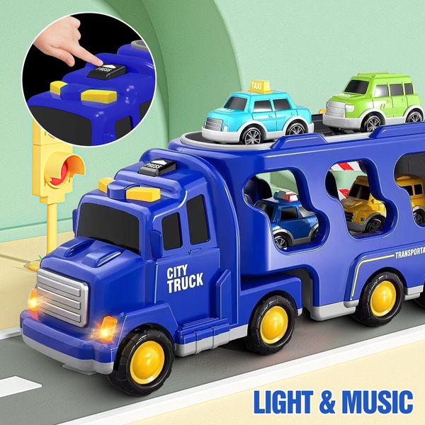 Cars Toys Carriers Trailer Transport Storage Truck Pull Back Steering Construction Bus Police Vehicle Model Friction Power with Light Sound Toddler Gift