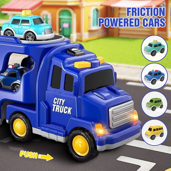 Cars Toys Carriers Trailer Transport Storage Truck Pull Back Steering Construction Bus Police Vehicle Model Friction Power with Light Sound Toddler Gift