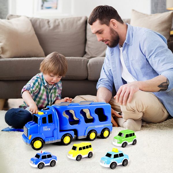 Cars Toys Carriers Trailer Transport Storage Truck Pull Back Steering Construction Bus Police Vehicle Model Friction Power with Light Sound Toddler Gift