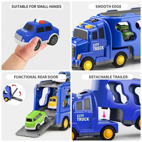 Cars Toys Carriers Trailer Transport Storage Truck Pull Back Steering Construction Bus Police Vehicle Model Friction Power with Light Sound Toddler Gift