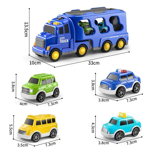 Cars Toys Carriers Trailer Transport Storage Truck Pull Back Steering Construction Bus Police Vehicle Model Friction Power with Light Sound Toddler Gift