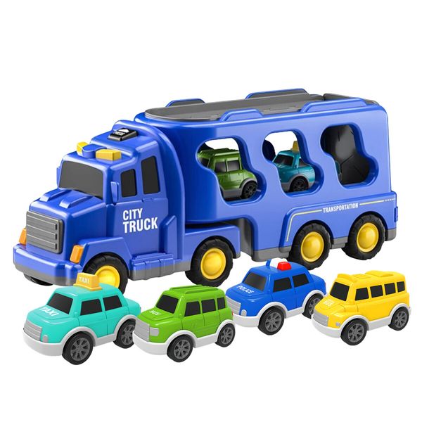 Cars Toys Carriers Trailer Transport Storage Truck Pull Back Steering Construction Bus Police Vehicle Model Friction Power with Light Sound Toddler Gift