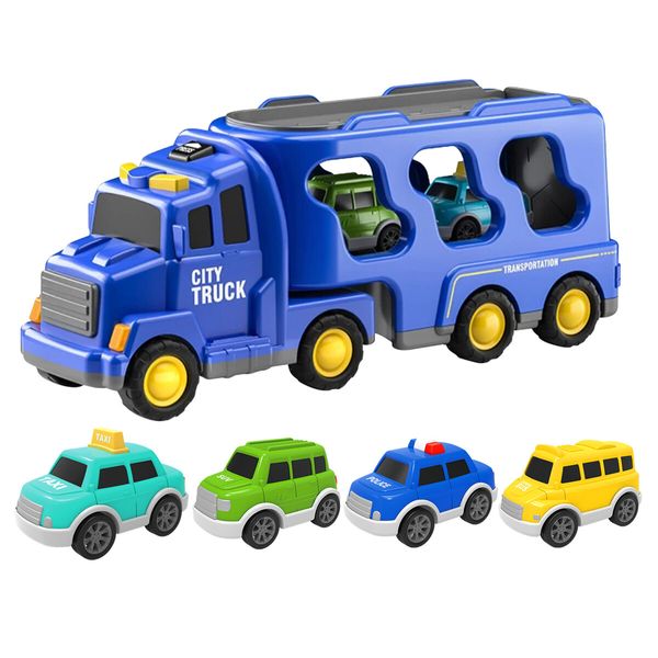 Cars Toys Carriers Trailer Transport Storage Truck Pull Back Steering Construction Bus Police Vehicle Model Friction Power with Light Sound Toddler Gift