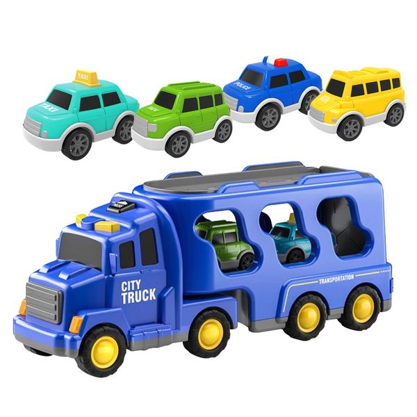 Cars Toys Carriers Trailer Transport Storage Truck Pull Back Steering Construction Bus Police Vehicle Model Friction Power with Light Sound Toddler Gift