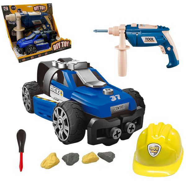 Police Car Toy Set DIY STEM Play Vehicle Take Apart Assembly Engine Electric Drill Tool Helmet Construction Building Toys Toddler Christmas Gift